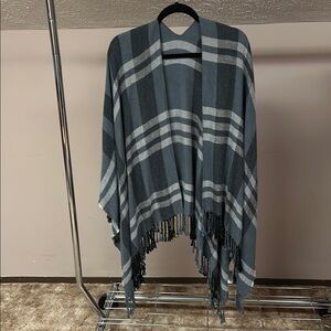 Siizu Gray Plaid Poncho with Fringe